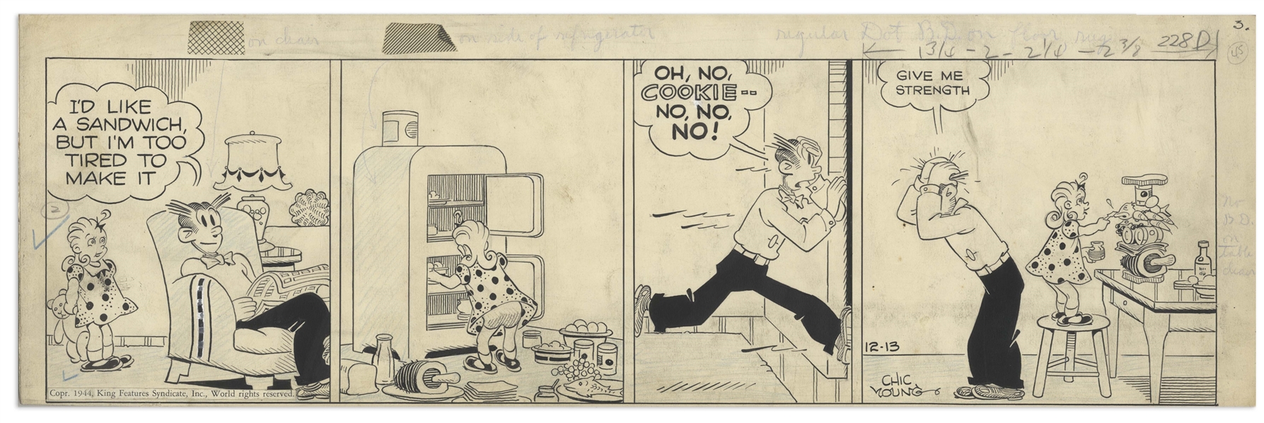 Chic Young Hand-Drawn ''Blondie'' Comic Strip From 1944 Titled Totem Pole Special!